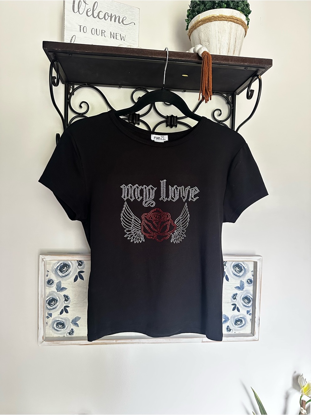 rue21 Black Tee with Red Rhinestone Rose & Silver Wing Graphic